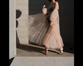 Sheer Tulle Maxi Dress: Flared Bridal Cover Up