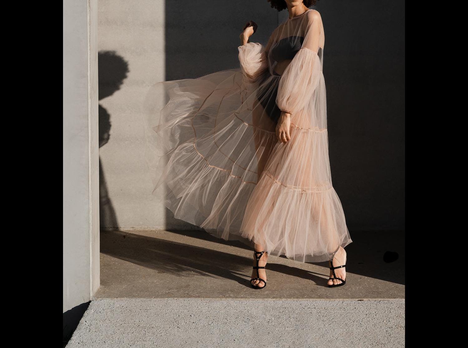 knee length dresses for ladies Cap Sleeved Top Blue A-line Tulle Maxi See Through Sheer Prom Dress main image 0