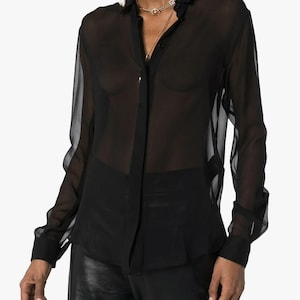 Sheer button-up shirt/Mesh Collared Shirt/Long Sleeve Blouse Black/Sheer shirt/Dropped shoulders Shirt For Women/Cocktail Party Shirt