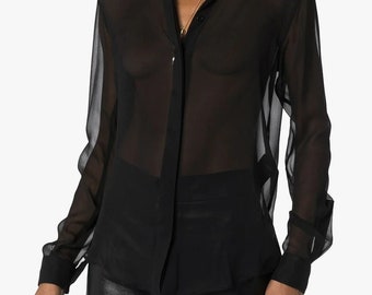 Sheer button-up shirt/Mesh Collared Shirt/Long Sleeve Blouse Black/Sheer shirt/Dropped shoulders Shirt For Women/Cocktail Party Shirt