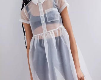 Causal Adult Organza Puffy Sleeve Mini Cover up dress/Organza See Through Cover Up/Puffy Dress/Fun Birthday Dress/Party Cover up