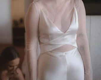 Tulle Mesh Top/Silk Tulle Top/Wedding Bridal Separates/See through Mesh Top/Wedding Blouse/Bridal Blouse/Tulle Top For Brides/Long Sleevetop