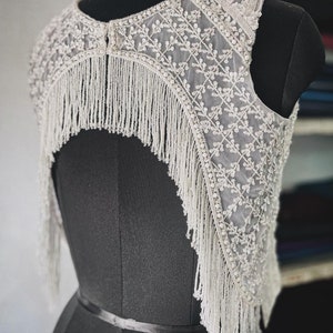 Wedding Pearl Beaded Sheer Tulle topper with Fringe.Modern Bridal Top.embellished Top.Bridal Separates.Bridal Bolero Blouse.Wedding Blouse