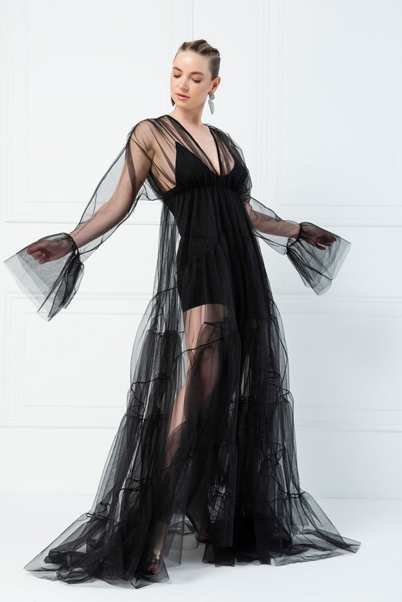 Deep Neckline Black Tulle Maxi Flowy Dress Trendy Sheer Cover Up/tulle  Ruffle Skirt Cover Up/bridal Cover up Her/tulle Dress/see Through - Etsy