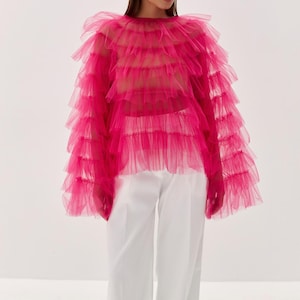 Tulle blouse with ruffles,Puffy Sleeve Mesh Top, Summer Top,Tulle,Sheer Mesh Top,Ruffled Tulle Top,Ruffle Blouse,Women Party Top/Romantic
