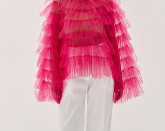 Tulle blouse with ruffles,Puffy Sleeve Mesh Top, Summer Top,Tulle,Sheer Mesh Top,Ruffled Tulle Top,Ruffle Blouse,Women Party Top/Romantic
