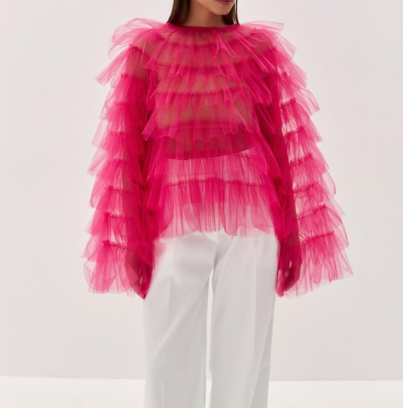 Tulle blouse with ruffles,Puffy Sleeve Mesh Top, Summer Top,Tulle,Sheer Mesh Top,Ruffled Tulle Top,Ruffle Blouse,Women Party Top/Romantic