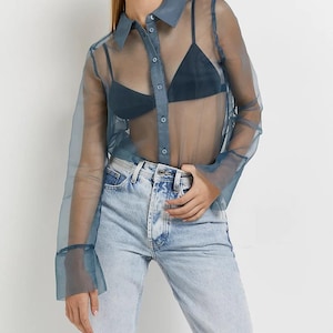 Organza Shirt/ puff sleeves organza cover Button with balloon sleeves| Sheer Organza Stylish Shirt|- Sheer silhouette Organza Silk For Women