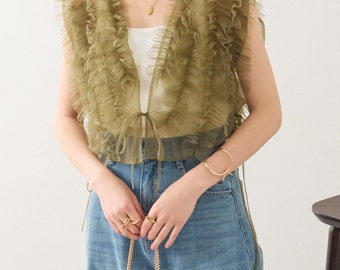 Blusa de tul con volantes. Blusa de malla. Blusa de verano. Blusa con mangas de tul. Blusa de malla transparente. Blusa de tul con volantes. Blusa de mujer. Blusa romántica. Blusas bonitas
