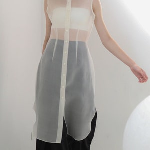 Puede incluir: Una camisa blanca transparente sin mangas, abotonada, sobre un top blanco, combinada con pantalones negros. La camisa tiene un cuello clásico y un diseño largo y fluido. La tela parece ligera y aireada, creando un efecto de capas.