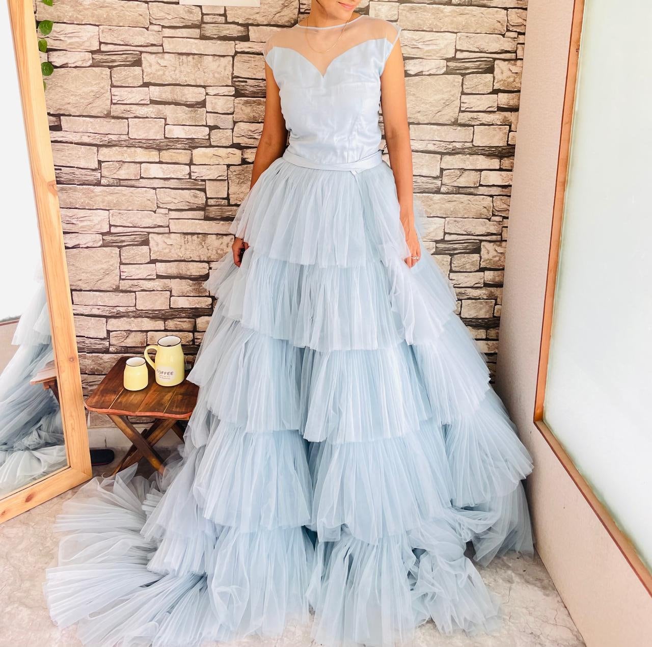 knee length dresses for ladies Sky Blue Strapless Layered Tulle Prom Dress with Sequins Hot Pink / Custom Size main image 1
