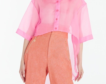 Casual Sheer Button-up high-low Tunic Long Shirt/See through Long Shirt/Casual Summer Long Shirt/Transparent Shirt/Weekday oversized shirt