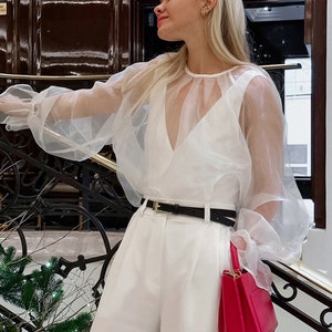 Elegant Long Puffy Sleeve Organza Blouse, Wedding Guest Top