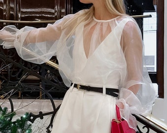 Elegant long Puffy sleeve organza blouse, wedding guest top, birthday party casual top,Sheer formal organza top,organza Transparent Blouse