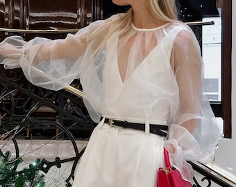 Sheer puff blouse 【Ivory】　orgue Elegant Long Puffy Sleeve Organza Blouse, Wedding Guest Top