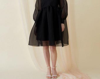 Vestido midi de organza: falda abullonada, pajarita, conjunto de fiesta de noche