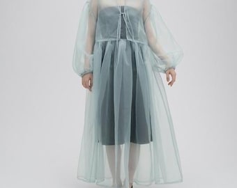 Vestido midi de organza estilo urbano, sobrevestido transparente, vestido de organza en capas, vestido tipo chaqueta con lazo