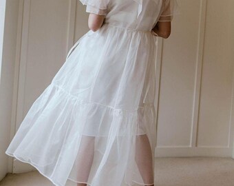 Vintage 1990s Organza Midi Dress: Bridal Puffy Bow Tie Dress