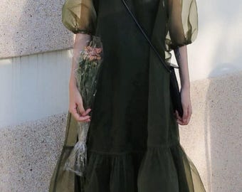 Halter Neck Midi Organza Dress/Organza Casual  Dress/Bridesmaid Dress/Puffy Dress/See-through Cocktail Dress/Romantic Dress for her