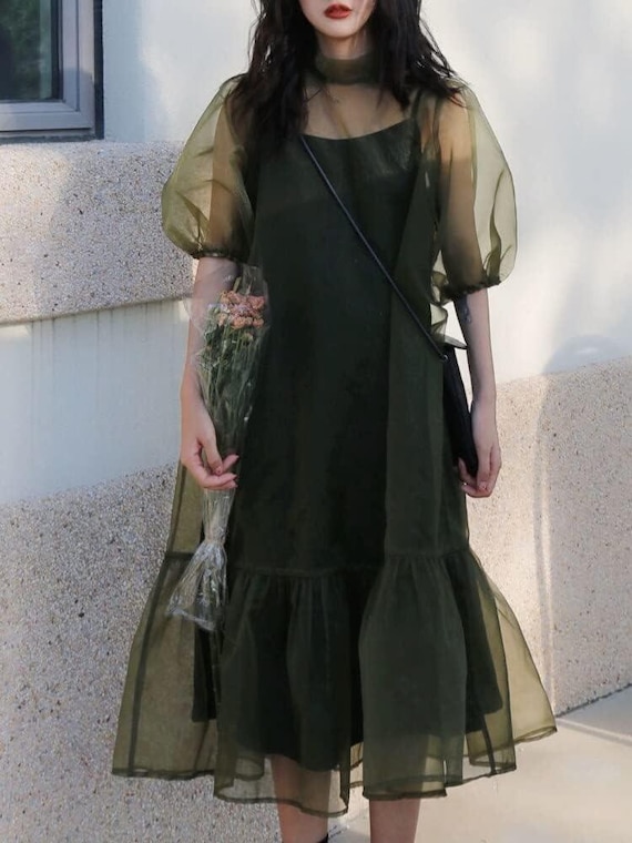 Halter Neck Midi Organza Dress/Organza Casual Dress/Bridesmaid Dress/Puffy Dress/See-through Cocktail Dress/Romantic Dress for her Halter Neck Midi Organza Dress/Organza Casual Dress/Bridesmaid Dress/Puffy Dress/See-through Cocktail Dress/Romantic Dress for her