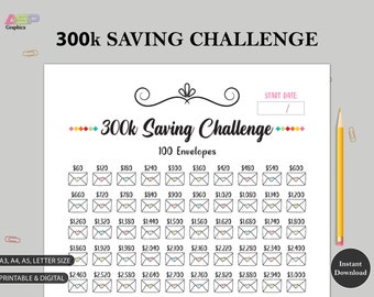 300K 100 ENVELOPE CHALLENGE Printable | 300,000 Saving Tracker | 300K Challenge | Money Savings Challenge | A3 A4 A5 Letter Size