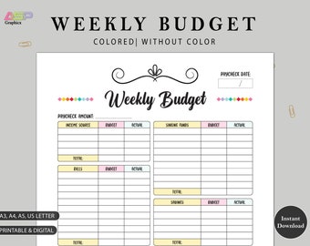 Weekly Budget | Weekly Budget Template | Weekly Budget Planner Digital | Budget Overview | Budget Tracker | A3, A4, A5, US Letter.