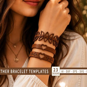 May include: Three brown leather bracelets with intricate cut-out designs. The top bracelet has a floral pattern, the middle one heart-shaped cutouts, and the bottom one a scalloped edge with heart cutouts. Text reads "LEATHER BRACELET TEMPLATES".