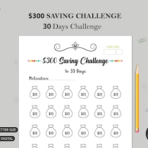 30 Dagen Mini Savings Challenge | Spaaruitdaging voor een maand | 300 Dollar Challenge Afdrukbare | A3 A4 A5 Letter Grootte