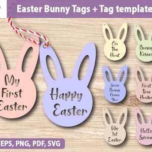 May include: A set of eight printable Easter bunny tags with different designs and text. The tags are in pink, blue, and yellow colors. The text on the tags includes "My First Easter", "Happy Easter", "On The Hunt", "Bunny Kisses", "Some Bunny Loves You", "First Time Hunter", "My 1st Easter", and "Hello Spring".
