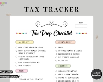 May include: A printable tax prep checklist with a colorful rainbow design. The checklist is divided into sections for all filers and business owners. It includes items such as copy of last year's tax return, social security numbers, dates of birth, bank accounts, loan statements, income, tax ID, insurance premiums, business income, list of assets, mileage logs, medical/dental expenses, health insurance payments, IRA and HSA contributions, and vehicle purchase sales tax.