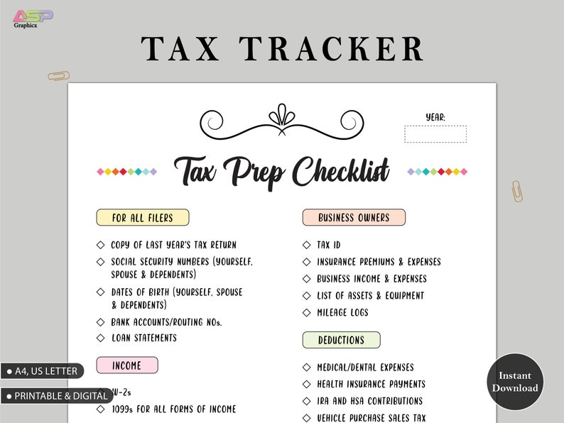 Tax Prep Checklist Tracker Printable Tax Prep 2023 (Instant Download