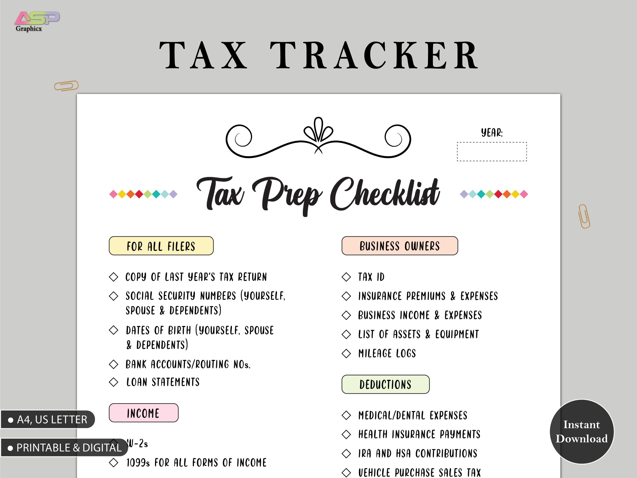 Tax Prep Checklist Tracker Printable Tax Prep 2023 (Instant Download