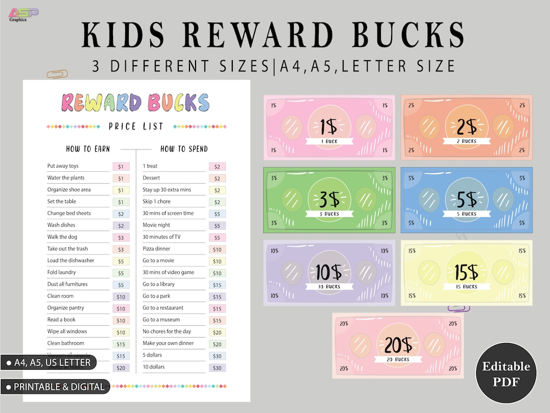 Editable Kids Reward Bucks | Mom Bucks PDF | Reward System for Kids ...
