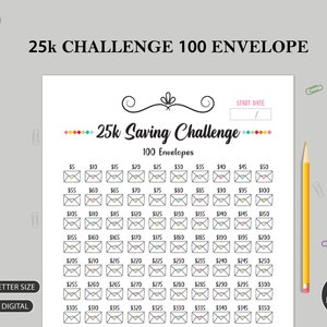 25K 100 ENVELOPE CHALLENGE Imprimible / 25,000 Saving Tracker / 25K Challenge / Money Savings Challenge / A3 A4 A5 Tamaño Carta