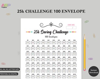 25K 100 ENVELOPE CHALLENGE Printable | 25,000 Saving Tracker | 25K Challenge | Money Savings Challenge | A3 A4 A5 Letter Size