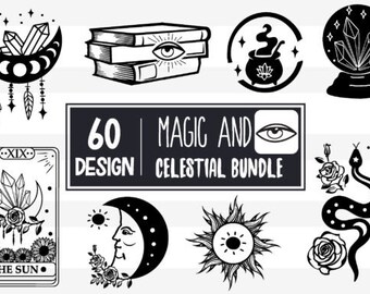 May include: A set of 60 black and white vector illustrations featuring celestial and magic themes. The designs include a crescent moon, a sun, a snake, a crystal ball, a cauldron, a tarot card, and an eye.
