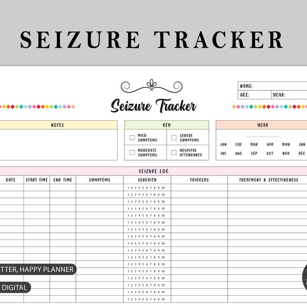 Monthly Seizure Tracker | Chart Symptoms & Severity of Seizure Events | Minimalist Design | Instant Download | A4, A5, Happy Planner, Letter