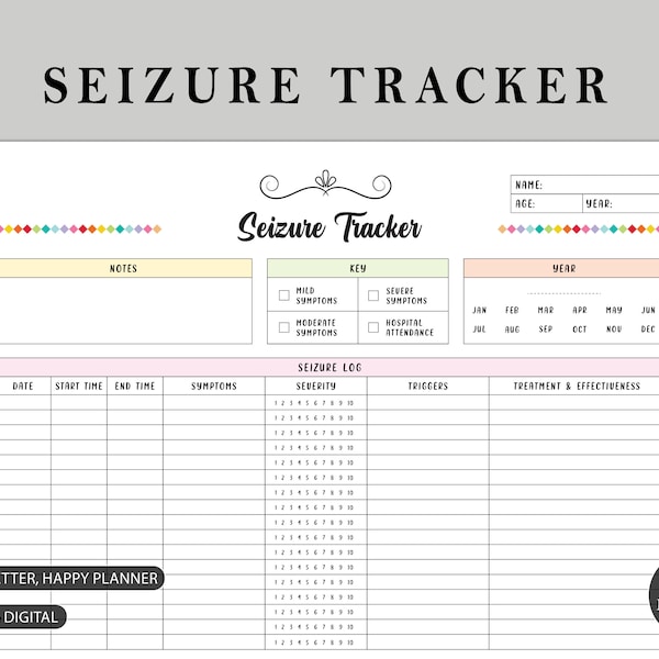 Monthly Seizure Tracker | Chart Symptoms & Severity of Seizure Events | Minimalist Design | Instant Download | A4, A5, Happy Planner, Letter