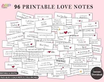 May include: A collection of 96 printable love notes, each measuring 1 by 2.5 inches. The notes feature a variety of romantic messages, including "I love you", "You are my true happiness", "You are so cute", and "You are my soulmate".