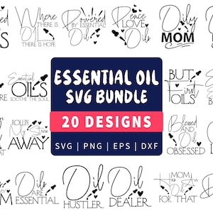 May include: A collection of 20 essential oil SVG designs featuring various phrases and sayings. The designs are in black and white and include phrases like "Y'all Need Oils", "Essential Oils Soothe the Soul", and "Crazy Oil Lady".
