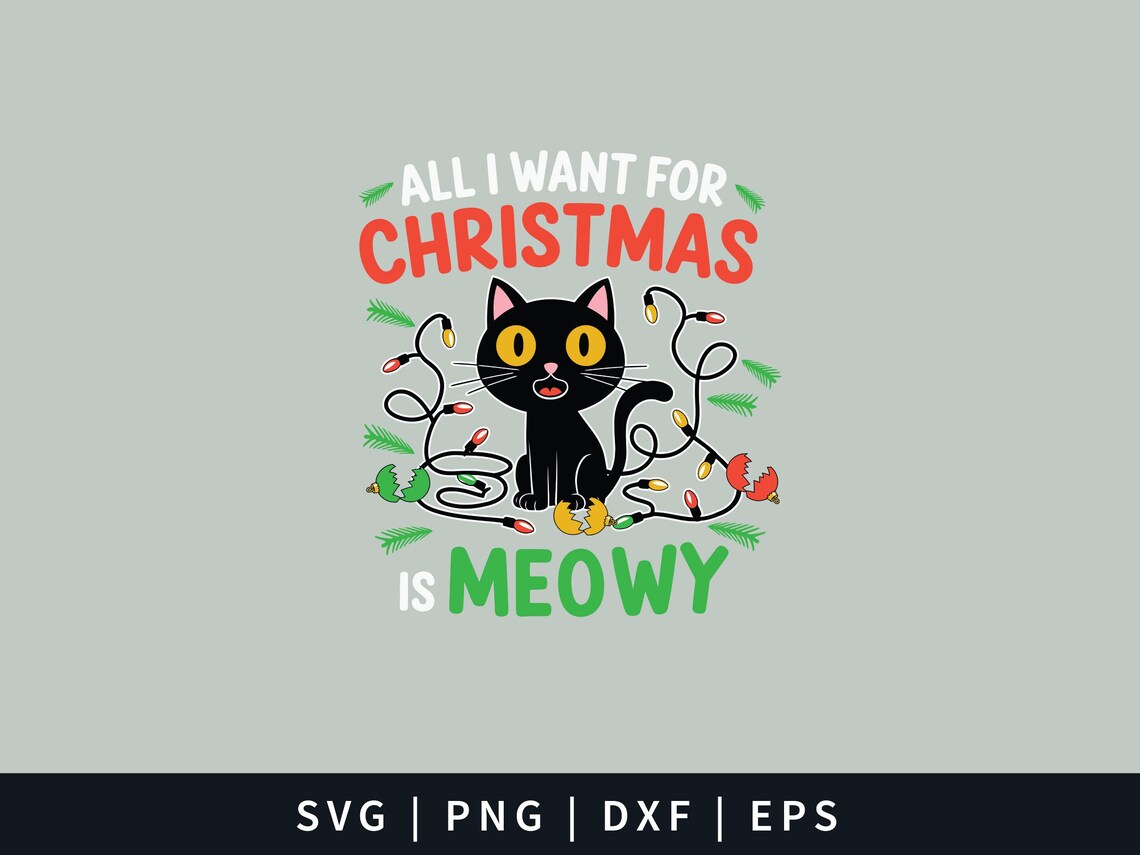 Christmas Black Cat PNG/SVG Bundle, Cute Cat Christmas Lights Svg ...