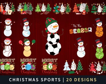 May include: A collection of Christmas-themed sports designs. The image features snowmen with sports equipment, Christmas trees, and the text "Merry Christmas" with sports balls. The phrase "'tis the season" is also present. The bottom text reads "CHRISTMAS SPORTS | 20 DESIGNS".
