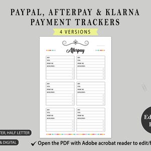 Puede incluir: Documento PDF imprimible y digital con rastreadores de pago para PayPal, Afterpay y Klarna. El documento incluye cuatro versiones y está disponible en tamaños A4, A5, Carta y Media Carta. La sección Afterpay es visible.