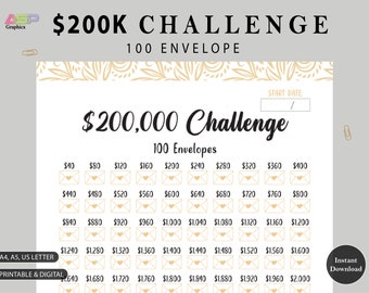 200K 100 ENVELOPE CHALLENGE Printable | 200,000 Saving Tracker | 200K Challenge | Savings Goal | Money Challenge | A3, A4, US Letter.