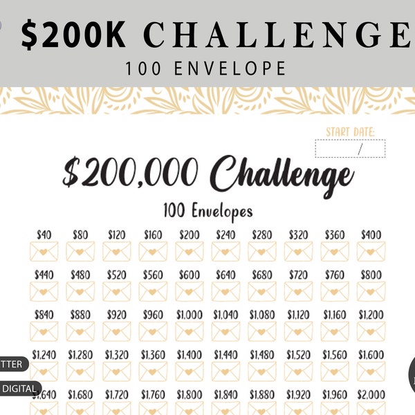 200K 100 ENVELOPE CHALLENGE Printable | 200,000 Saving Tracker | 200K Challenge | Savings Goal | Money Challenge | A3, A4, US Letter.