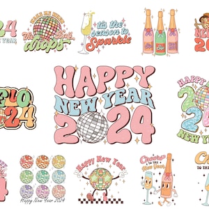 Bonne année 2024 Png Bundle, Disco Ball New Year’s PNG , Retro Happy New Year Sublimation Bundle, Téléchargement numérique, Conception de chemise du Nouvel An