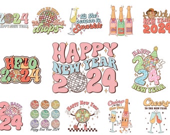 Happy New Year 2024 Png Bundle, Disco Ball New Year's PNG , Retro Happy New Year Sublimation Bundle, Digital Download, New Year Shirt Design