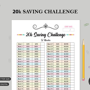 20K Money Saving Challenge PRINTABLE, 20000 In 52 Weeks | House Savings Goal | Saving Tracker | A3 A4 A5 Letter Size