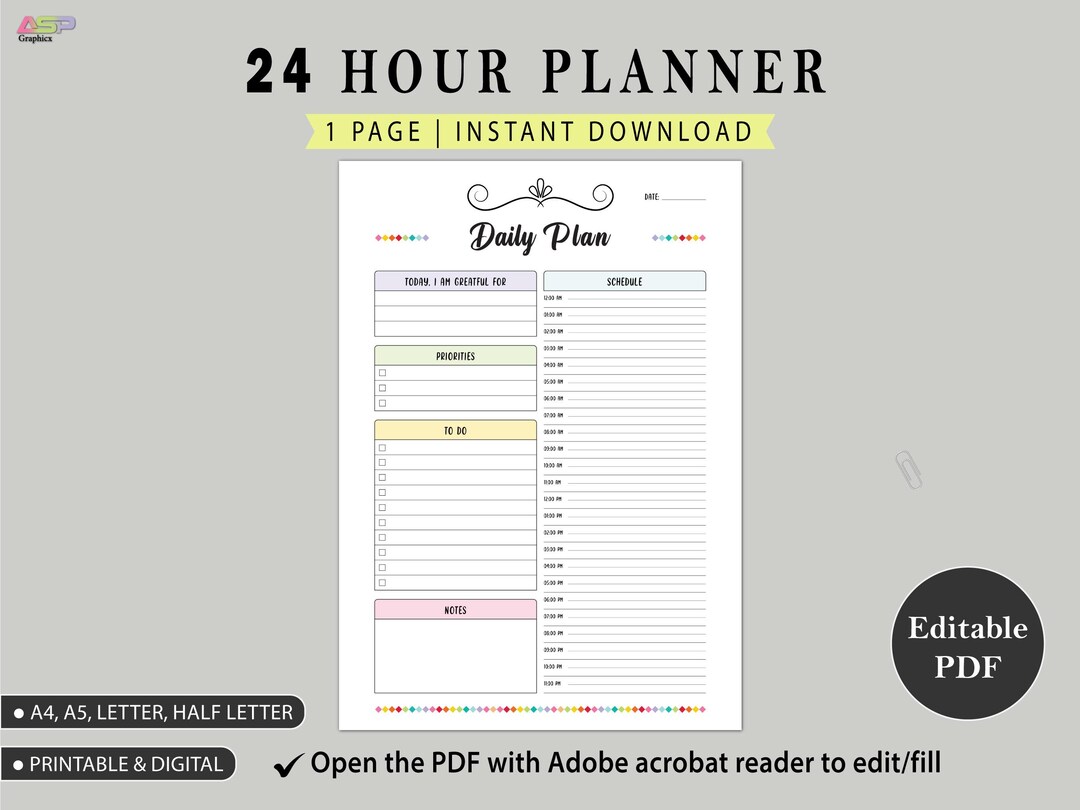 24 Hour Daily Planner Printable | To-do Lists for Work & Personal Life ...