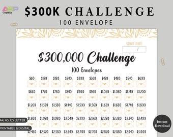 300K 100 ENVELOPE CHALLENGE Printable | 300,000 Saving Tracker | 300K Challenge | Savings Goal | Money Challenge | A3, A4, US Letter.